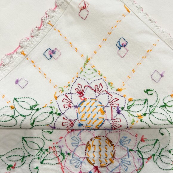 Vintage Hand Embroidered Square Tablecloth, Vintage Dresser Scarf Vintage Linen - Picture 6 of 6